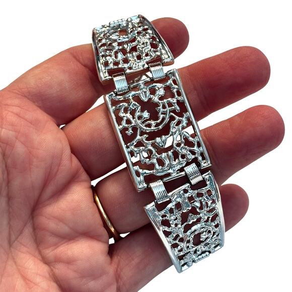 Vintage silver tone filigree chain bracelet hallmarked SAC tapered panel links - Picture 3 of 7